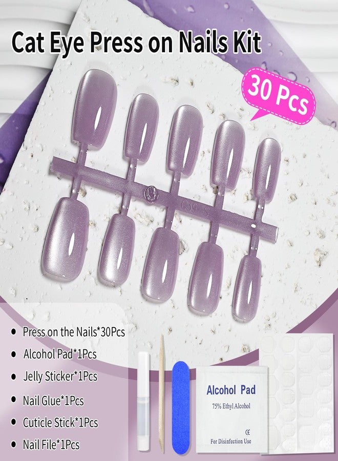 JODSONE 30PCS Lavender Purple Cat Eye Stick on Nails Set Acrylic Short Square Reusable Press on Nails Glitter Soft Gel Fake Nails for Women Shimmer Manicure Nails Kit - Image 5