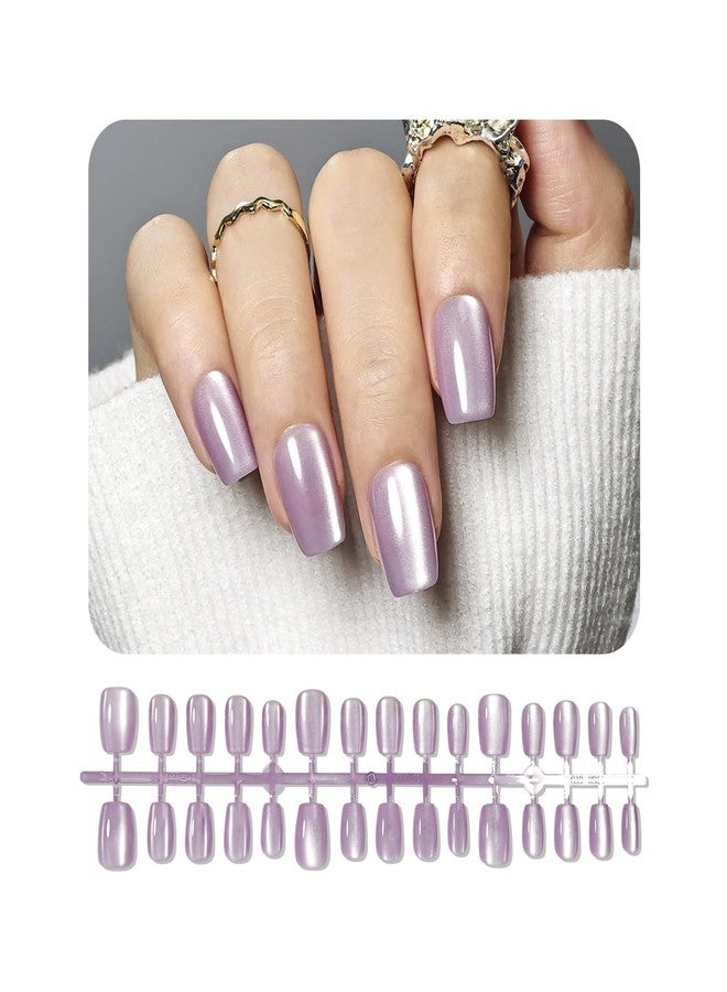 JODSONE 30PCS Lavender Purple Cat Eye Stick on Nails Set Acrylic Short Square Reusable Press on Nails Glitter Soft Gel Fake Nails for Women Shimmer Manicure Nails Kit - Image 1