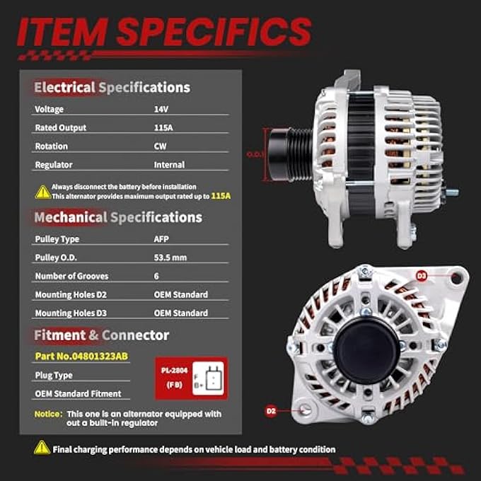TSSLIIN High Output Alternator for/Dodge Avenger Caliber 2007-2013 For/Jeep Compass Patriot 2007-2017 For/Chrysler 200 Sebring, 12V 115Amp 6 Groove Pulley Upgraded OE# 04801323AB 11231N - Image 4