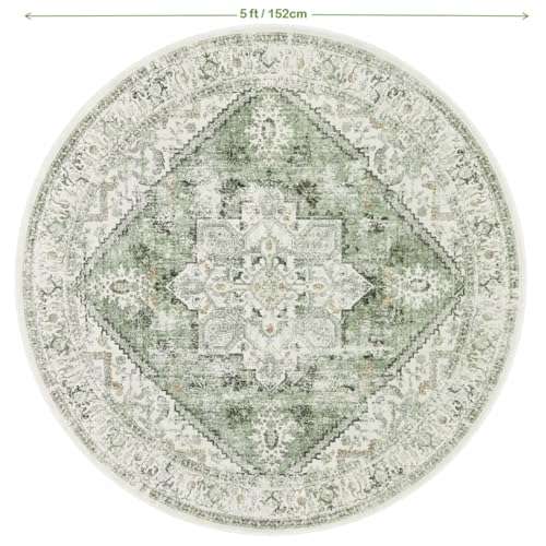 LIVEBOX Medallion Round Area Rug 5ft, Vintage Washable Sage Green Circle Rug for Bedroom, Low-Pile Soft Round Carpet for Living Room, Ideal for High Traffic Areas in Entryway - Image 2