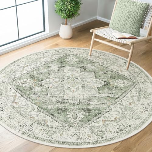 LIVEBOX Medallion Round Area Rug 5ft, Vintage Washable Sage Green Circle Rug for Bedroom, Low-Pile Soft Round Carpet for Living Room, Ideal for High Traffic Areas in Entryway - Image 1