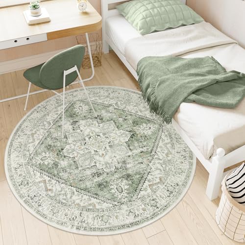 LIVEBOX Medallion Round Area Rug 5ft, Vintage Washable Sage Green Circle Rug for Bedroom, Low-Pile Soft Round Carpet for Living Room, Ideal for High Traffic Areas in Entryway - Image 3