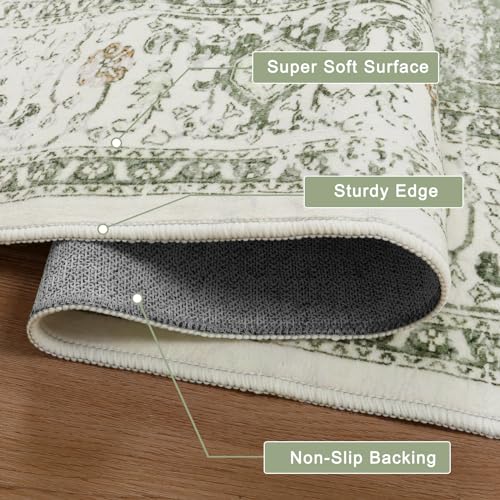 LIVEBOX Medallion Round Area Rug 5ft, Vintage Washable Sage Green Circle Rug for Bedroom, Low-Pile Soft Round Carpet for Living Room, Ideal for High Traffic Areas in Entryway - Image 4