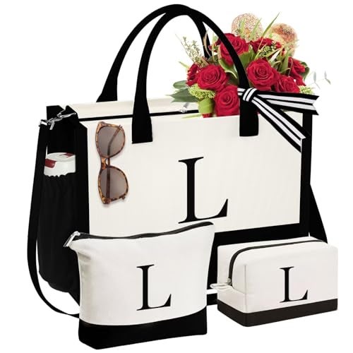 YOOLIFE Birthday Gifts for Women Mom Daughter Sister Friends Teacher, Personalized Initial Tote Bag, Womens Monogrammed Canvas Tote Bag with Zipper, Letter L - Image 1