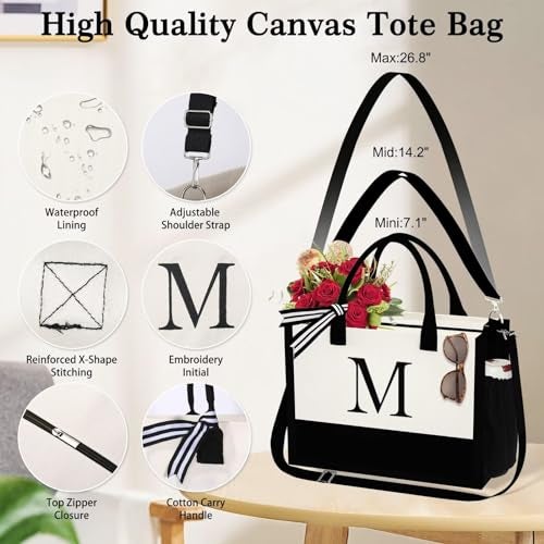 YOOLIFE Birthday Gifts for Women Mom Daughter Sister Friends Teacher, Personalized Initial Tote Bag, Womens Monogrammed Canvas Tote Bag with Zipper, Letter L - Image 5