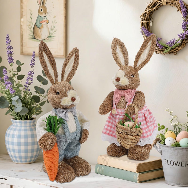 DR.DUDU Set of 2 Easter Decorations for Home- 14" Sisal Bunny Figurines with Carrot & Egg, Spring Straw Bunny Couple Farmhouse Centerpieces for Tables, Easter Rabbits Decor - Image 4
