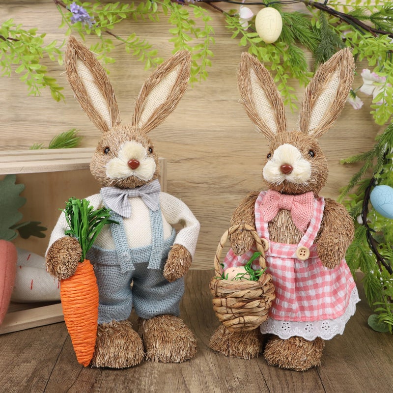 DR.DUDU Set of 2 Easter Decorations for Home- 14" Sisal Bunny Figurines with Carrot & Egg, Spring Straw Bunny Couple Farmhouse Centerpieces for Tables, Easter Rabbits Decor - Image 5