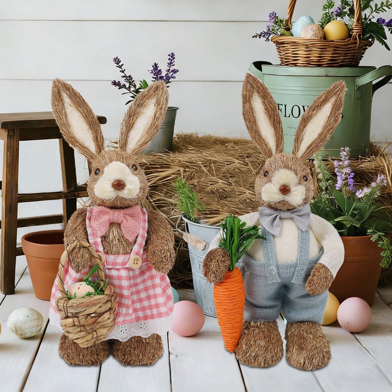 DR.DUDU Set of 2 Easter Decorations for Home- 14" Sisal Bunny Figurines with Carrot & Egg, Spring Straw Bunny Couple Farmhouse Centerpieces for Tables, Easter Rabbits Decor - Image 2
