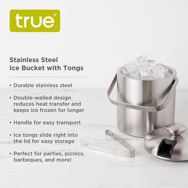 True Stainless Steel Ice Buckets for Parties with Lid, 1.3L Capacity Double Wall Ice Bucket with Tongs, Insulated Ice Bucket for Cocktail Bar, Set of 1 - Image 2