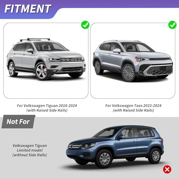 rayihni حامل سقف قضبان عرضية تناسب فولكس فاجن VW تيغوان 2018 2019 2020 2021 2022 2023 2024 من الألمنيوم الثقيل لحقيبة السقف، التزلج، الكاياك، الدراجة، نقل البضائع - Image 3