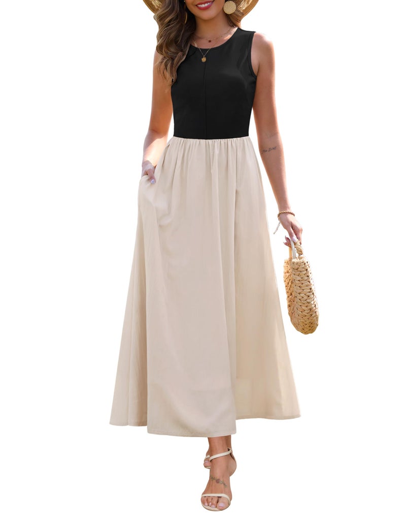Zattcas Spring Summer Dresses for Women 2026 Sleeveless Tank Top Patchwork Knit Crew Neck A Line Flowy Modest Business Casual Work Teacher Church Long Maxi Dress with Pockets Black Apricot M - Image 1