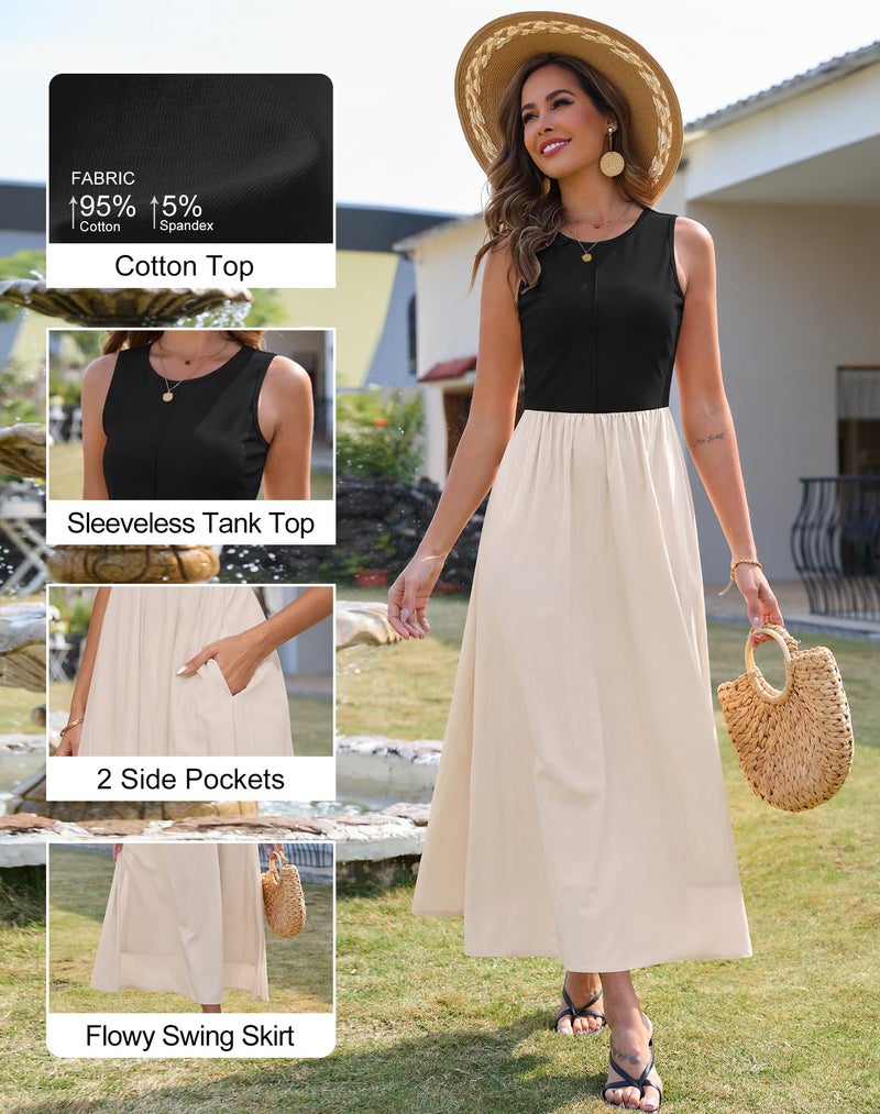 Zattcas Spring Summer Dresses for Women 2026 Sleeveless Tank Top Patchwork Knit Crew Neck A Line Flowy Modest Business Casual Work Teacher Church Long Maxi Dress with Pockets Black Apricot M - Image 5