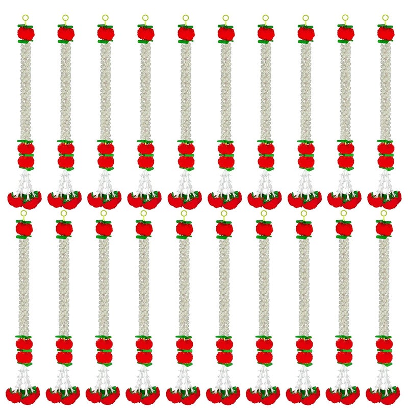 iHandikart iHandikart Jasmine Artificial Garland with Marigold Flowers Tuberose Diwali Decoration for Home Decor White Garland for Decoration Color Red Pack of 20 3330320  - Image 1
