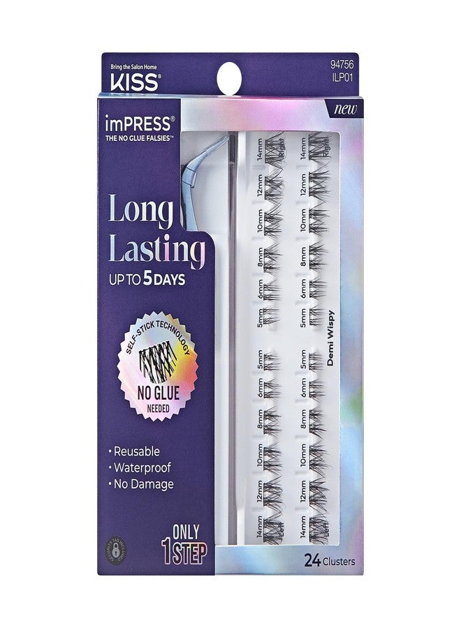 Impress KISS imPRESS Falsies Long Lasting Self Adhesive Eyelashes, ‘Demi Wispy’, 5 Day Extended Wear, 24 Light Volume Lash Clusters (5,6,8,10,12, & 14mm), Precision Non-Stick Applicator - Image 1
