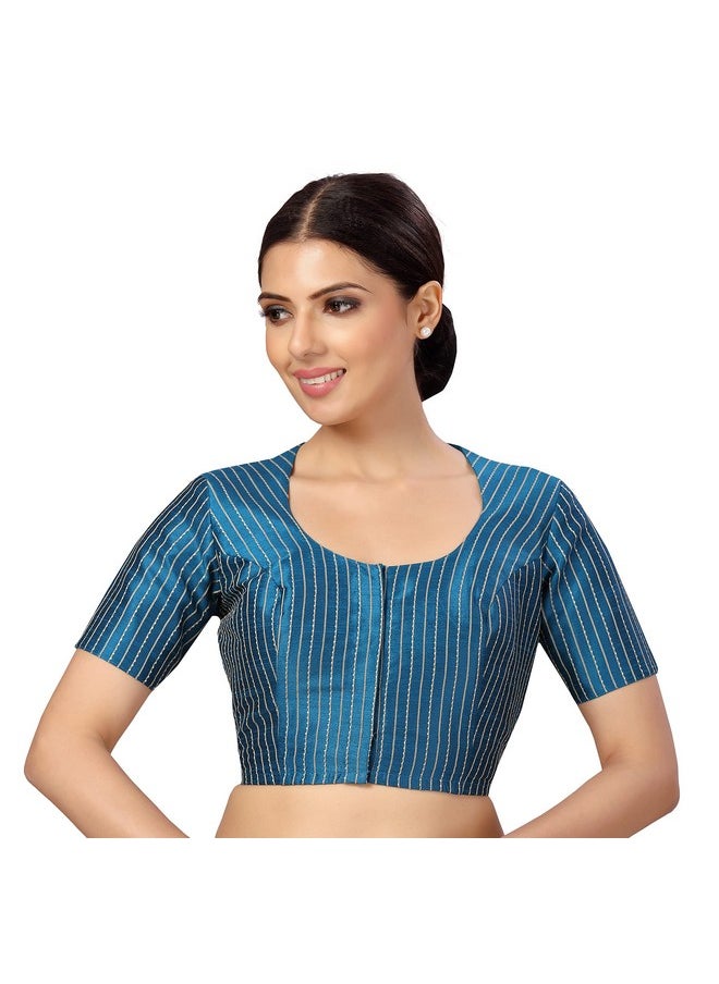 Studio Shringaar - Studio Shringaar Womens Polyester Short Sleeves Handloom Silk Saree Blouse(Firozi, 36) - Image 1