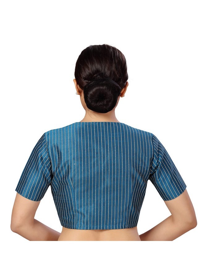 Studio Shringaar - Studio Shringaar Womens Polyester Short Sleeves Handloom Silk Saree Blouse(Firozi, 36) - Image 1