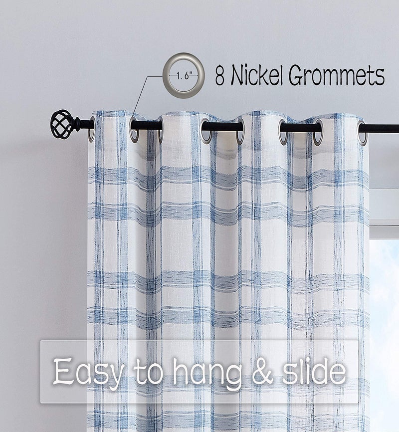 Randall Linen Blue White Window Curtain Panel Pairs for Living Room Extra Long Geometric Check Grommets Top Semi Sheer Window Treatment Heavy Rustic Style Drapes for Bedroom 54x108 Inches 2 Panels - Image 4