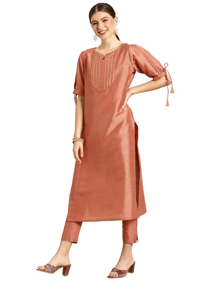 Janasya Women's Peach Poly Silk Embellished Kurta with Pant(SET324-KR-NP-J-M) - pzsku/Z29B9838F963085090AC2Z/45/_/1740118825/fe1cb327-0605-441c-bcf7-104e1670a200