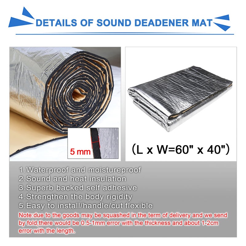 uxcell 1 Set Car Sound Insulation Mat 5mm Door Hood Engine Heat Insulation W/Roller Push Tool 152x100cm 60"x40" - Image 2