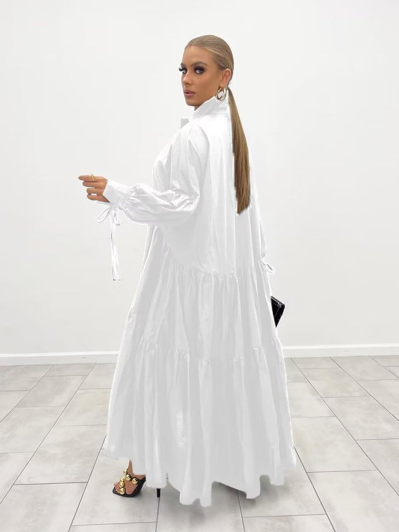 Ekaliy Women's Elegant Long Sleeve Button Down Loose Shirt Dress Long Maxi Pleated Dress White XL - Image 3