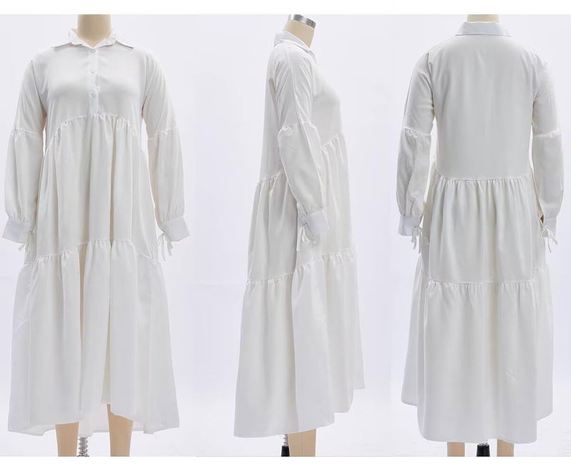 Ekaliy Women's Elegant Long Sleeve Button Down Loose Shirt Dress Long Maxi Pleated Dress White XL - Image 5