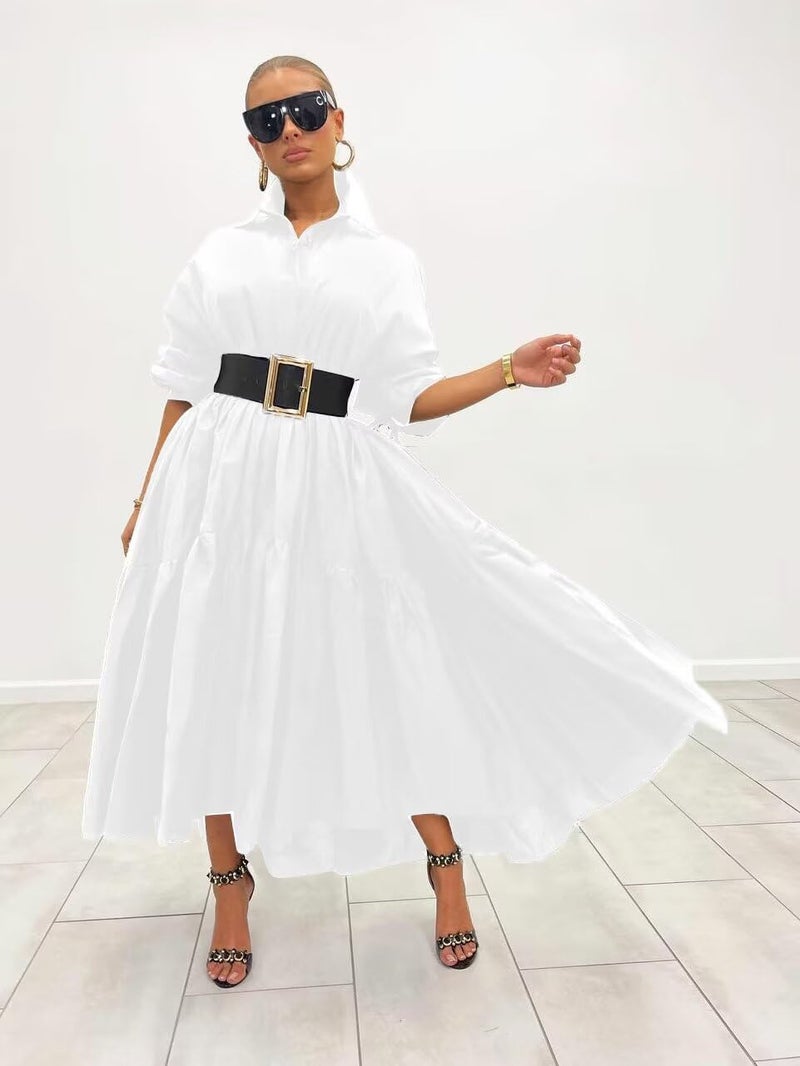 Ekaliy Women's Elegant Long Sleeve Button Down Loose Shirt Dress Long Maxi Pleated Dress White XL - Image 2