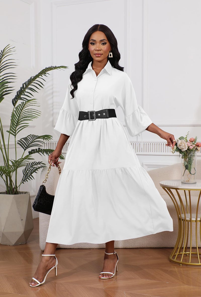 Ekaliy Women's Elegant Long Sleeve Button Down Loose Shirt Dress Long Maxi Pleated Dress White XL - Image 4