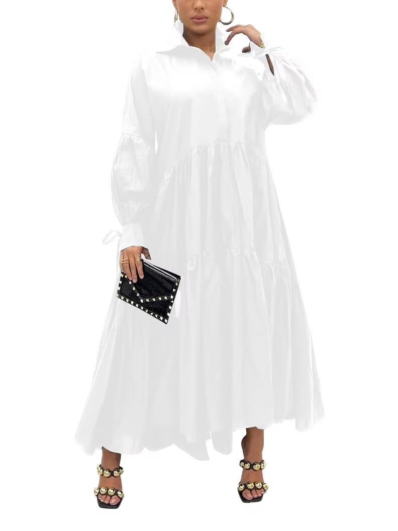 Ekaliy Women's Elegant Long Sleeve Button Down Loose Shirt Dress Long Maxi Pleated Dress White XL - Image 1