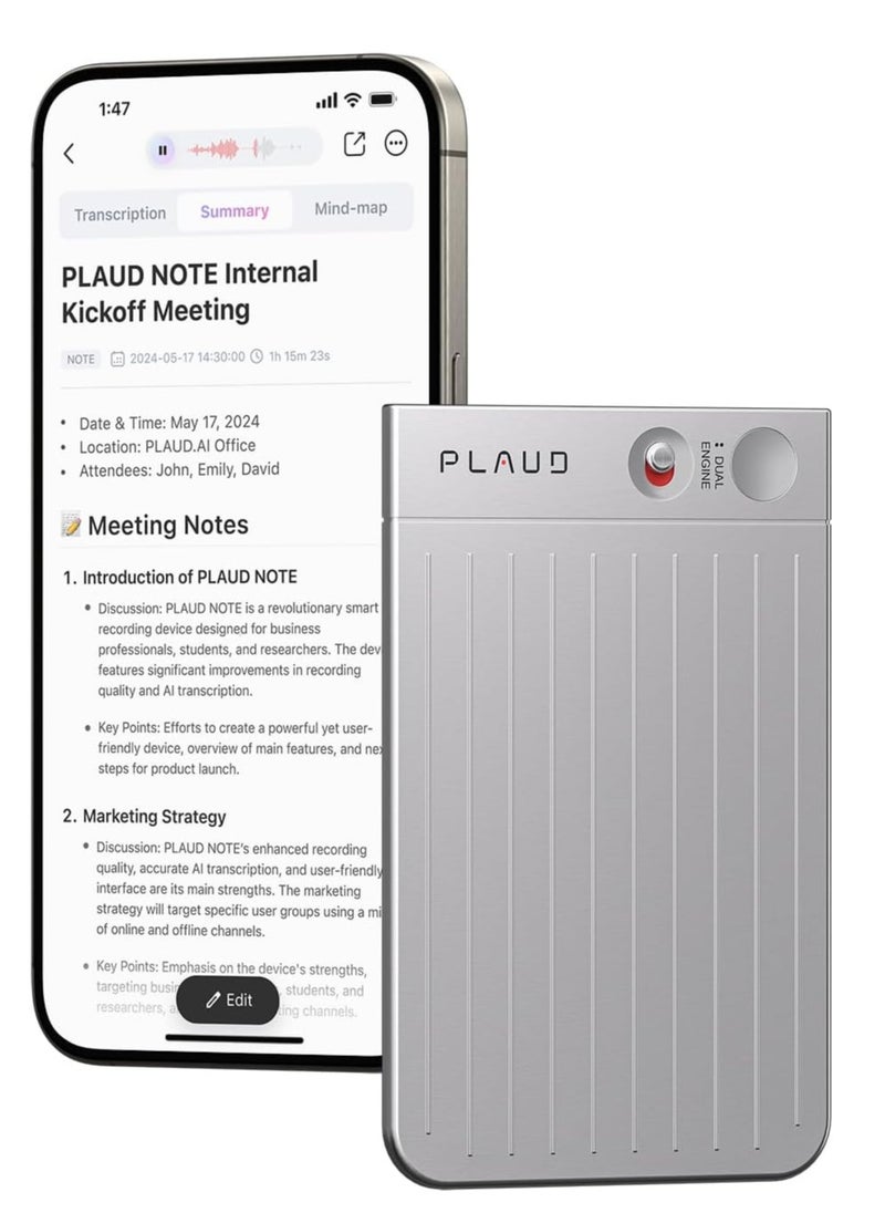 PLAUD - PLAUD Note Al Voice Recorder - Advanced Audio Recording Device With Magnetic Case - Real-time transcriptions for 112 languages - Powered by GPT-4o (Silver) - Image 1