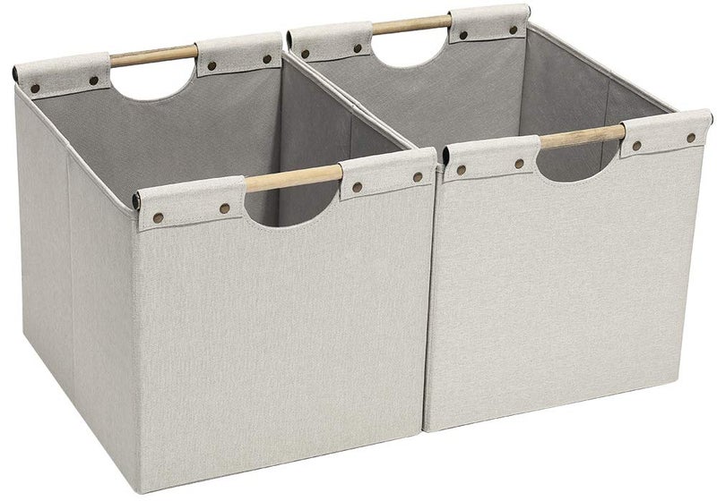 HOONEX HOONEX Large Foldable Storage Bins Linen Fabric 2 Pack with Wooden Carry Handles and Sturdy Heavy Cardboard for Home Office Car Nursery Beige