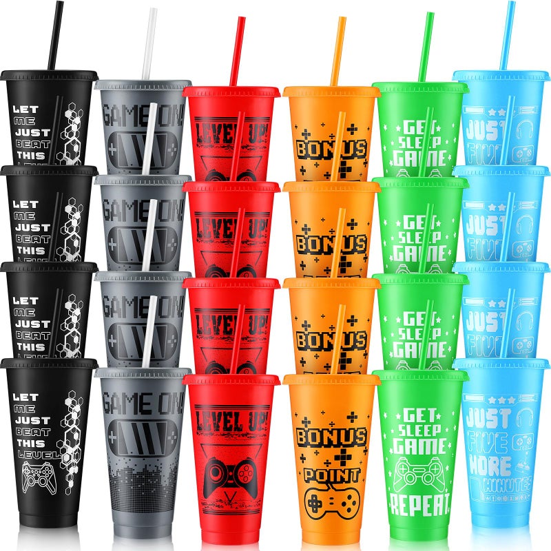 Mifoci Gaming Party Favor Video Game Plastic Reusable Cute Cups with Lids and Straws Gamer Tumbler Iced Coffee Travel Mug Water Bottle for Adult Kid Game Birthday Party Supplies24 Pcs
