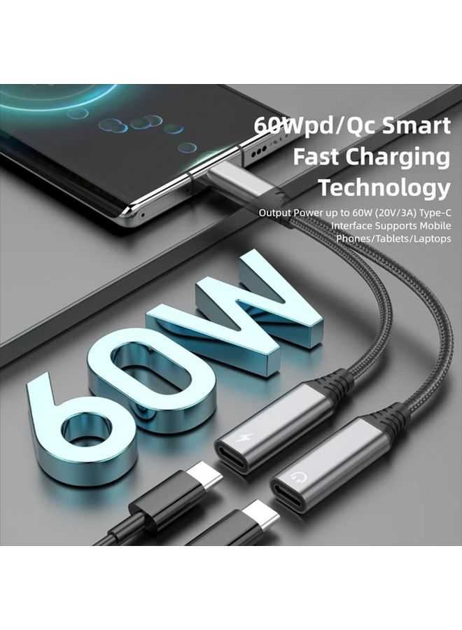 محول USB من نوع C مزدوج إلى مقبس 3.5 مم مزدوج للسماعات، للبث المباشر من الهاتف، شحن سريع وفاصل صوتي، كابل محمول وصغير الحجم يناسب العمل عن بعد وتسجيل البودكاست عبر الجوال - Image 5