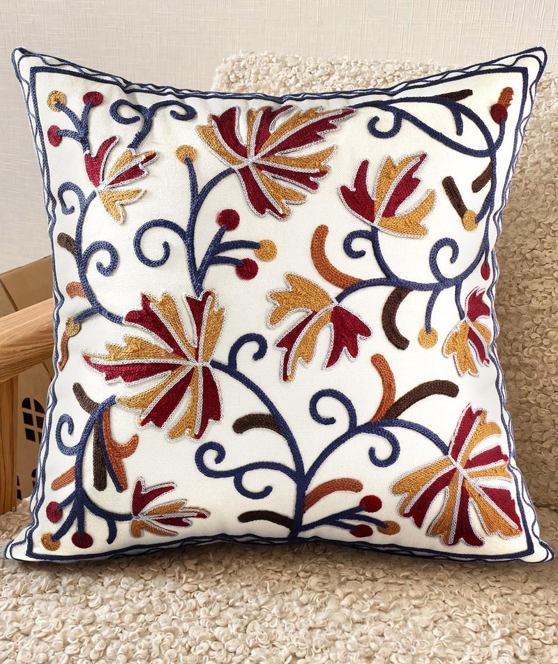 Kokaaee Embroidered Throw Pillow Covers - 18x18 Decorative Pillow Covers with Zipper Aesthetic Cute Design Boho Summer Linen Throw Pillowcases for Living Room Couch Sofa Bed, Fall Flower - Image 1