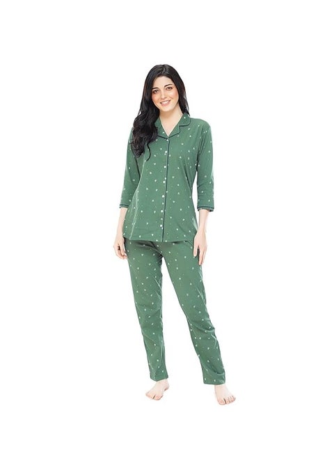 Women's Cotton Star & Dot Printed Night Suit Set Of Shirt & Pajama Set