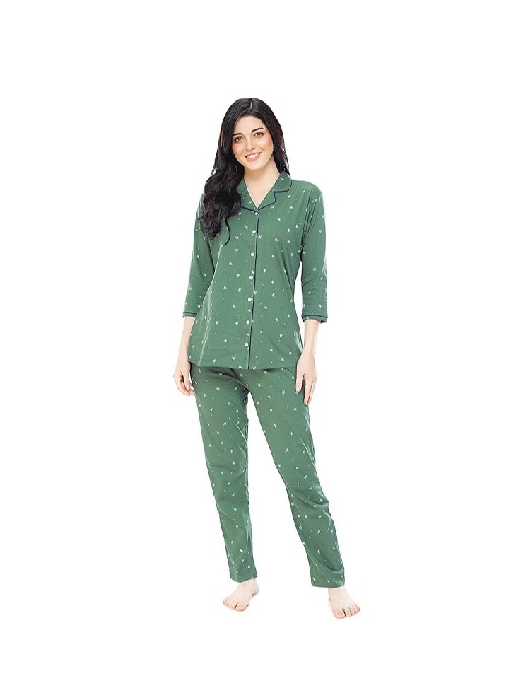 Women's Cotton Star & Dot Printed Night Suit Set Of Shirt & Pajama Set