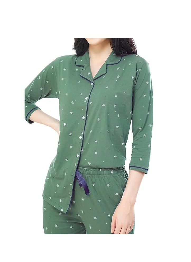 Women's Cotton Star & Dot Printed Night Suit Set Of Shirt & Pajama Set