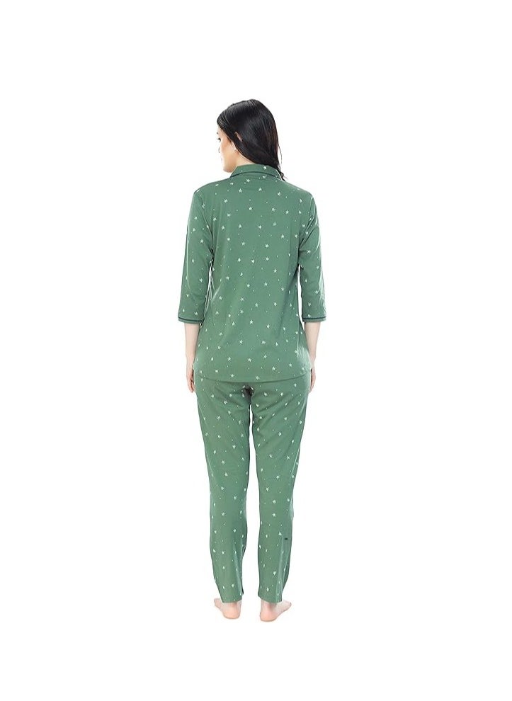Women's Cotton Star & Dot Printed Night Suit Set Of Shirt & Pajama Set