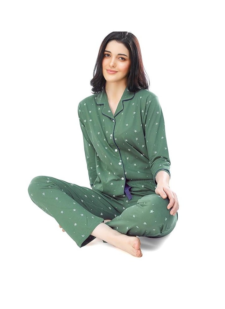 Women's Cotton Star & Dot Printed Night Suit Set Of Shirt & Pajama Set