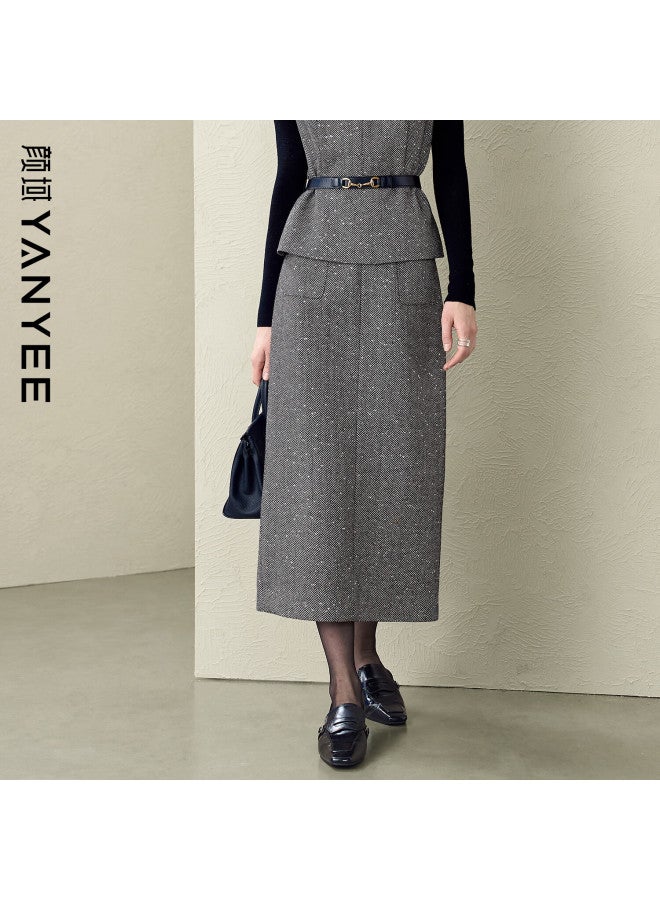 Yanyee Gray Woolen Midi Skirt For Women Winter Slim Fit Straight Elegant Long Skirt Gray XL - Image 1