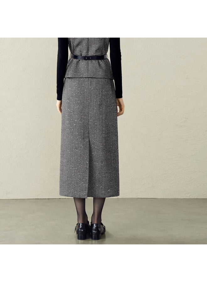 Yanyee Gray Woolen Midi Skirt For Women Winter Slim Fit Straight Elegant Long Skirt Gray XL - Image 2