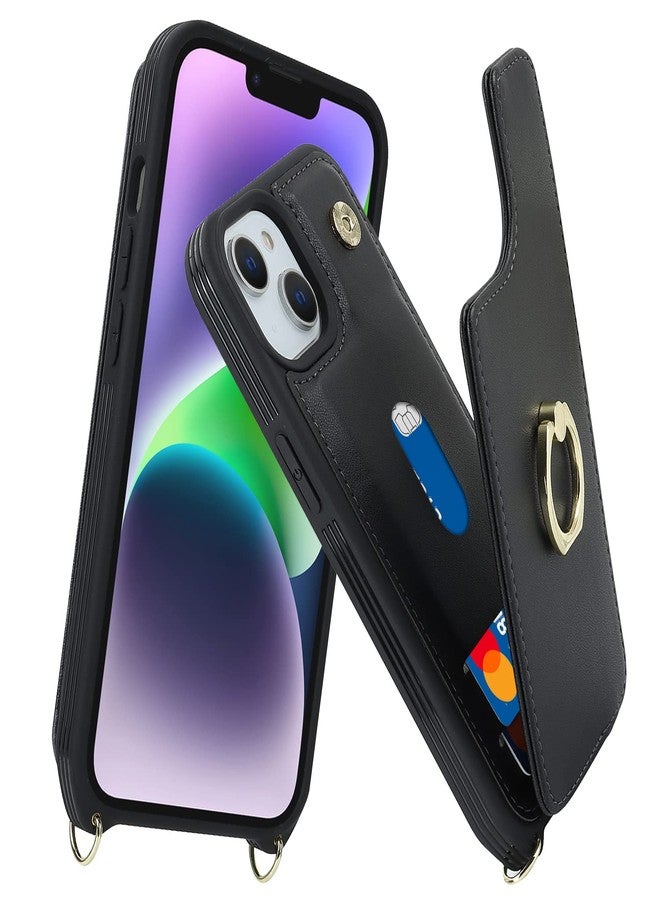 جراب Lipvina لهاتف iPhone 14 Plus مع حامل بطاقات وحزام للنساء، حبل للكتف، مسند حلقي، مشبك كبس، جراب محفظة للهاتف 6.7 بوصة (أسود) - Image 2