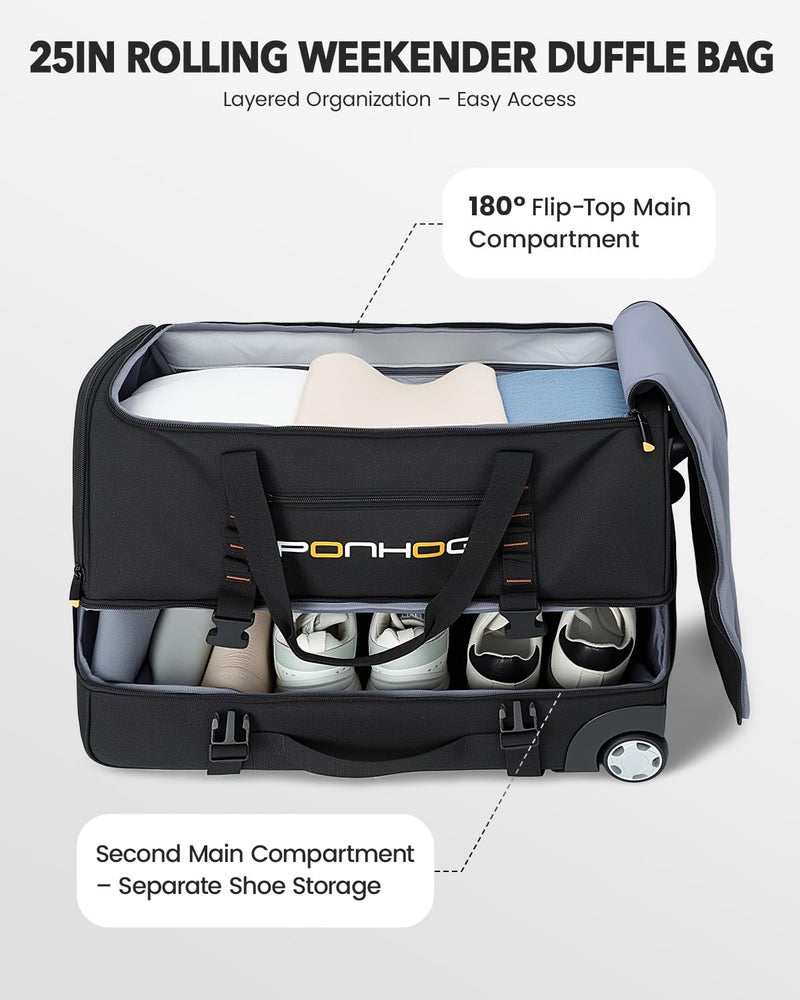 Ponhog 25 Inch Duffle Bag with Wheels and Handle for Men - Water Resistant Wheeled Duffle Bag for Weekend Travel & Overnight Trips, Black - Image 2