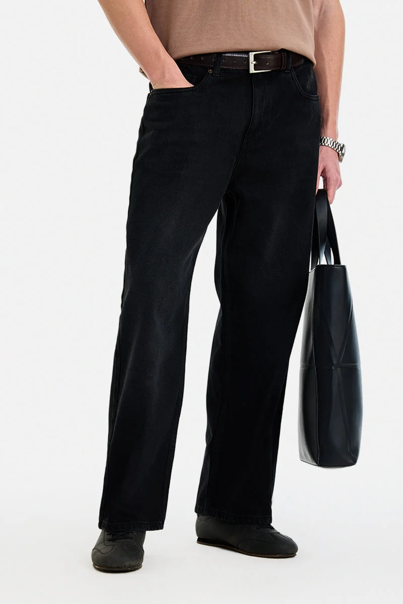 SNITCH Black Solid Wide Leg Casual Jeans