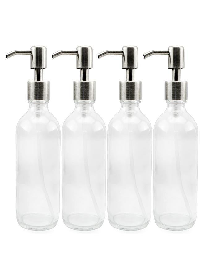 Cornucopia Brands 8-Ounce Clear Glass Boston Round Bottles w/Stainless Steel Lotion Pumps (4-Pack); Empty Refillable Liquid Soap & Lotion Bottles - Image 2