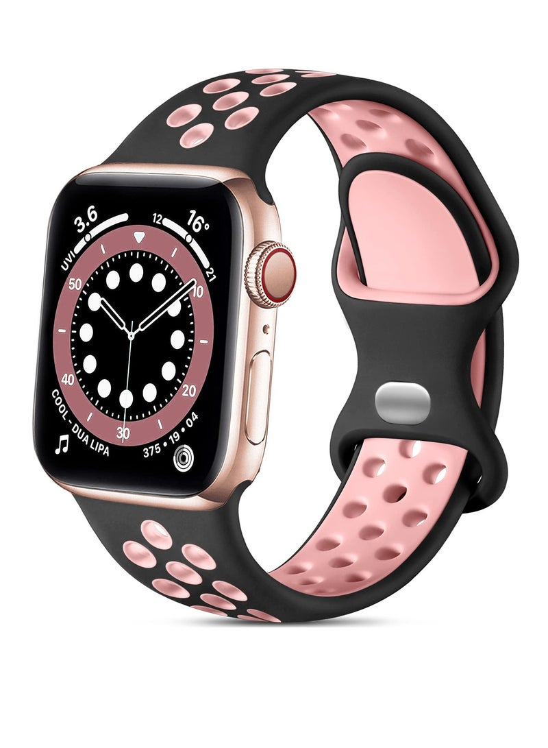 Compatible for Apple Watch Band 42mm 44mm 45mm for Women Men, Air Holes Design Soft Silicone Sport Strap Compatible with iWatch Ultra 3/2/1 Series 11/10/9/8/7/6/5/4/3/2/1 SE 2/1 Black/Pink - Image 1