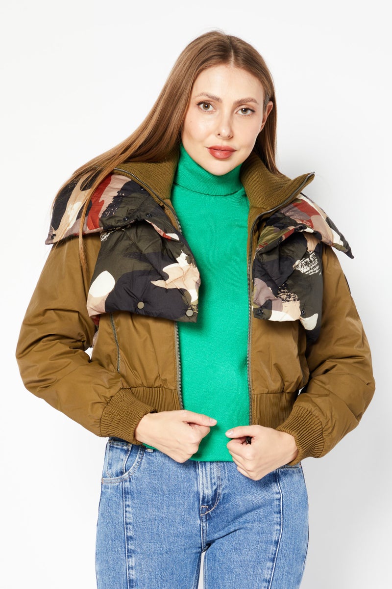 Aigle Women 2 In 1 Camouflage Puffer Jacket, Olive Combo - Image 1