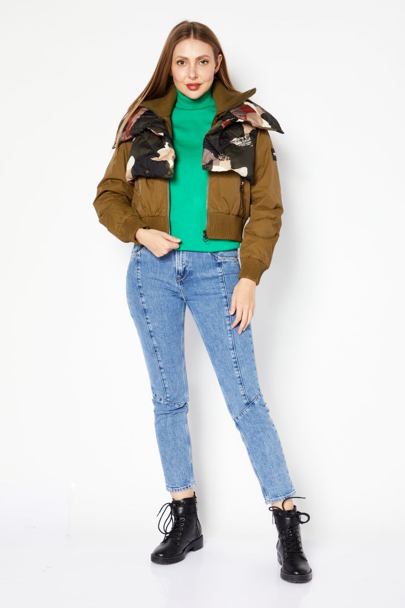 Aigle Women 2 In 1 Camouflage Puffer Jacket, Olive Combo - Image 2