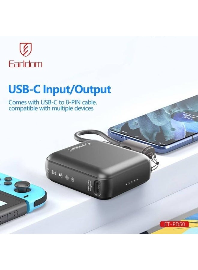 Earldom PD50 Power Bank Adapter 10000mAh with Built-in Charging Cable – USB-C & PD Fast Charging - Image 2