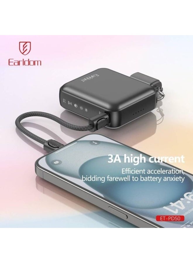 Earldom PD50 Power Bank Adapter 10000mAh with Built-in Charging Cable – USB-C & PD Fast Charging - Image 3