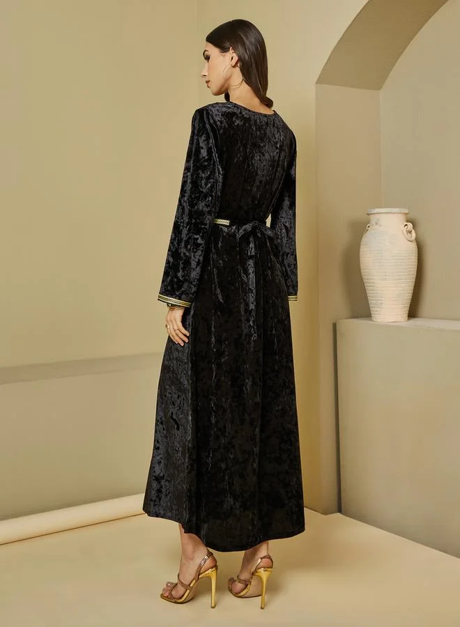 Styli Crushed Velvet Magrabi Lace Kaftan with Tie Belt